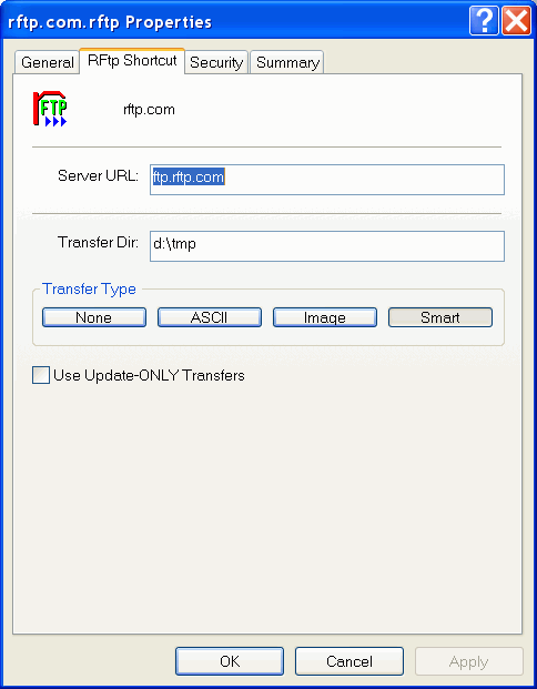 RFtp Shortcut Properties sheet